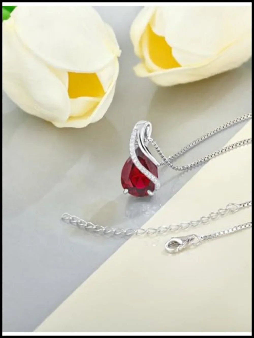 Sterling Silver Teardrop Pendant Necklace with Created Ruby Birthstone